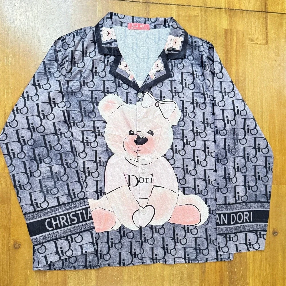 Sarah HT One Size Teddy Bear Pajama Shirt ONLY Button Up Y2K Kawaii Sleepwear
